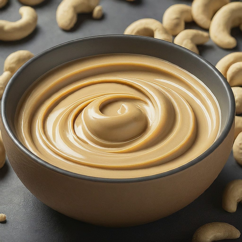 A bowl of Cashew paste surrounded by cashew kernels